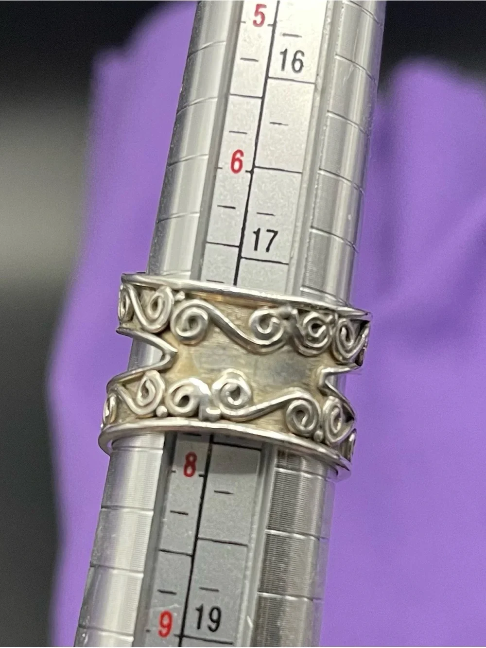 Vtg  SS  oval, amethyst statement, ring size 7 Boho wide band.   8.34  grams